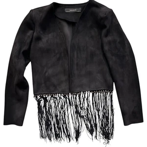 Zara Faux Suede Fringe jacket Cardigan Size Small Black Boho Westward Cowgirl - Picture 1 of 8