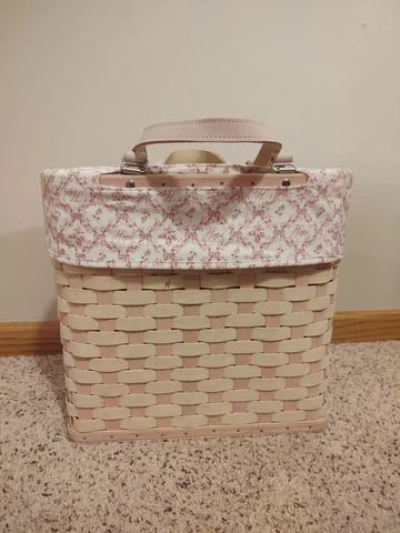 LONGABERGER Tall Key Basket w/ Clear Plastic Liner, Hope Cloth & Leather Handles Cover