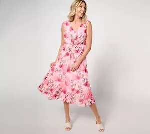 NEW Isaac Mizrahi Live! XLP Twist Front Mesh Midi Dress in Pink Floral QVC 2483 - Picture 1 of 7