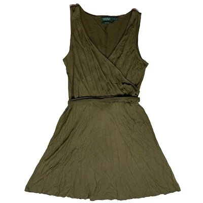 Ralph Lauren 100% Silk Dress Green Womens P/L Petite Large Sleeveless Tie A55 - Image 1 of 4