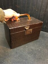 Vtg Cosmetic Travel Suitcase Luggage Brown Faux Alligator 11"x6"x 7'' Bakelite