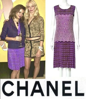 5K Chanel Vintage Purple Print Reversible Tweed Logo Dress 40 42 44 8 10 12 M L - Image 1 of 4
