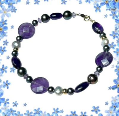 14k solid yellow gold Clasp Faceted Amethyst Pearl Beaded bracelet 7.5” - Image 1 of 4