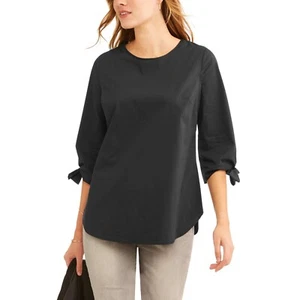 Como Blu Women's Black Cotton Stretch Tie Sleeve Detail Blouse Top Size Medium - Picture 1 of 2