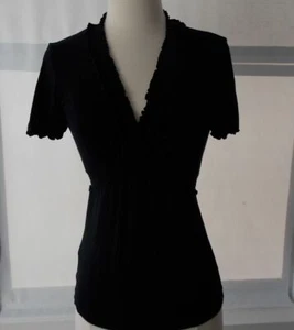 BCBG MAX AZRIA schwarzes gesmoktes Baumwollshirt im Tunika-Stil mit Kohl-Rüschenkragen Gr. XXS - Bild 1 von 9