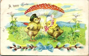 Vintage Easter Postcard ~ Anthropomorphic Chicks Under Mushroom Fantasy 1908 - Picture 1 of 3