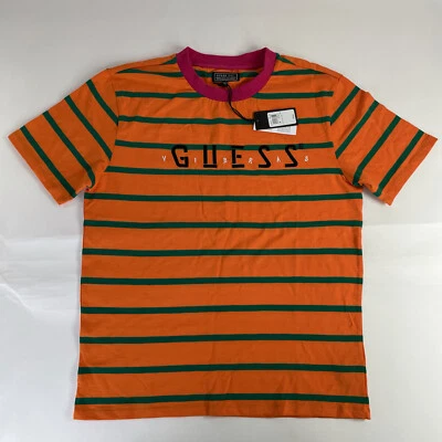Guess J Balvin Shirt Medium Orange Men Vibras Los Angeles Striped Tee New #67 - Image 1 of 4