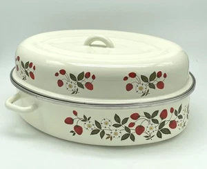 Vintage Sheffield Erdbeeren 'N Cream emailliert 15" Bräter und Deckel EUC!! - Bild 1 von 17
