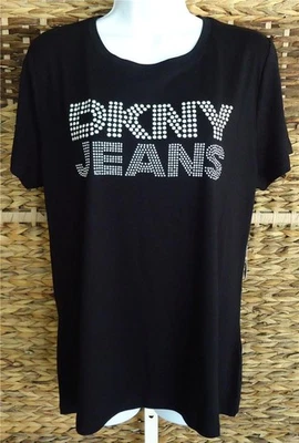DKNY JEANS BLACK SILVER-TONE STUDDED LOGO SHORT SLEEVE T-SHIRT TOP XL NWT $49 - Image 1 of 4