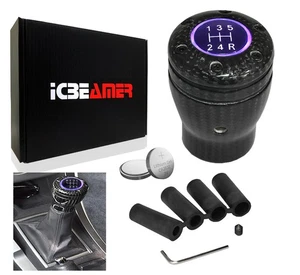 JDM Black Real Carbon Fiber Purple LED Manual Stick Shift Knob 5 6 Speed U105 - Picture 1 of 5