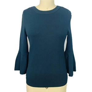 H&M Top Damen Extra Small dunkelgrün Strick Rundhals 3/4 Länge Glockenärmel - Bild 1 von 7