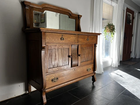 Antique Side Board Buffet With Mirror & Locking Drawers Cover