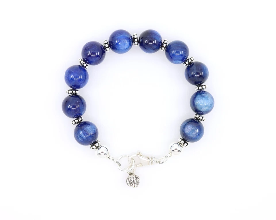 Huge 12mm Navy Blue Kyanite Statement Bracelet, Sterling Silver Gemstone Jewelry - Image 1 of 4