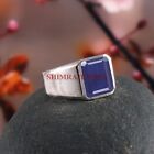 Heated Blue Sapphire Gemstone With 14K White Gold Plated Silver Men's Ring #1272