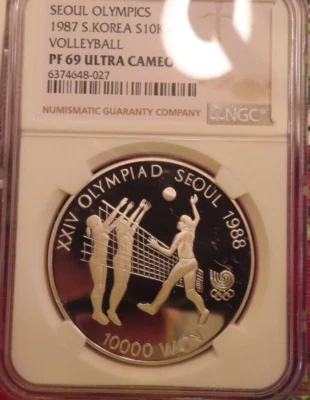 Moneda de plata 1987 voleibol Corea del Sur 1 oz clasificación NGC PR69 prueba de Seúl 10 k ganados Foto 1 de 4