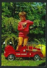 Superb old CAR Fire Chief firemen. Vintage Postcard w/ med century Toy