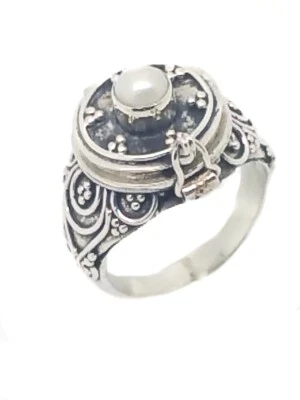 Sterling Silver Round Poison Ring with Genuine Pearl 3.5 mm Band - Image 1 of 4