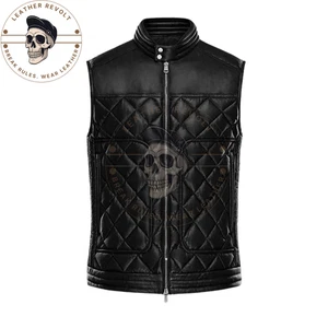 Men's Black Quilted Leather Vest Motorcycle Biker Riding Club Genuine Waistcoat - Picture 1 of 5