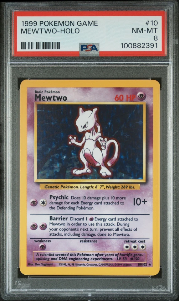 1999 Pokemon Base Set Unlimited Mewtwo #10 Holo Rare PSA 8 - Image 1 of 2