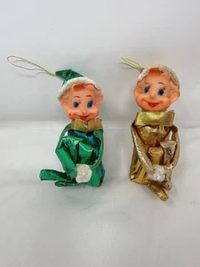 Vintage 1960er grün & gold Glitzer Pixie Knie Umarmung Elfe Posten 2 Japan Weihnachten - Bild 1 von 11
