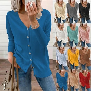 Women Button Cardigan Thin Jumper Holiday Casual V neck Open Front Tops Slim Fit - Picture 1 of 22