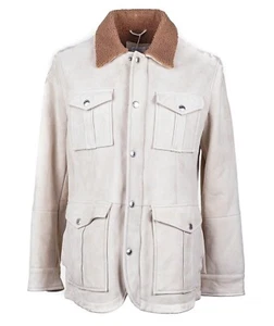 BRUNELLO CUCINELLI Ivory  Lamb Shearling Fur Suede Parka Coat Jacket 48 EU Small - Picture 1 of 12