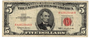1963 USA United States Notes 5 Dollar Banknote P383 Red Seal Circulated Tv - Picture 1 of 2