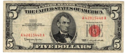 1963 USA United States Notes 5 Dollar Banknote P383 Red Seal Circulated Tv - Image 1 of 2