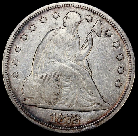 1872 Seated Liberty Silver Dollar  VF Details Cleaned Cover