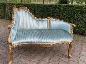 Sofa Settee Louis XVI Style Vintage Blue Velvet Gold Leaf French Corner Seating - Picture 1 of 16