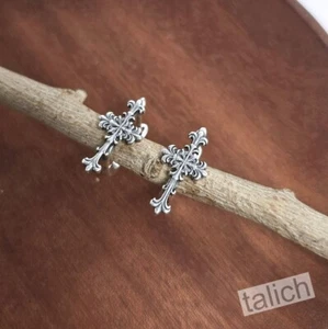 925 Sterling Silver Detailed Scroll Ornate Small Cross Earrings Beautiful Unique - Picture 1 of 7