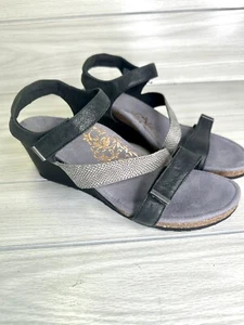 Aetrex Brynn Quarter Strap Keilabsatz Damensandalen Größe 10,5 schwarze Lederschuhe - Bild 1 von 15