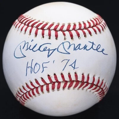 Mickey Mantle Salón de la Fama 74 Firmado OAL Béisbol PSA/DNA LOA Calificado 8 Foto 1 de 4