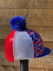 Horse Riding hat silk fur Pom Union Jack flag with sparkly panels - Picture 1 of 11