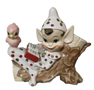 VERY RARE Vintage 50s JAPAN Polka Dot pixie elf on log with pink bird 6" - Picture 1 of 7