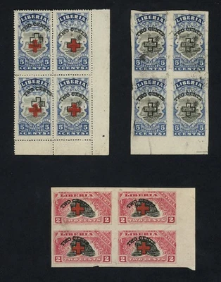 Rare Liberia Stamps 1918-1922 Red Cross Surcharge Error Blocks, 5c & 2c w Imperf - Image 1 of 2