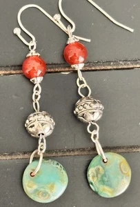 Etched Silver, Carnelian Stone and Marbled Green Coin Bead Earrings. Boho Chic. - Picture 1 of 5