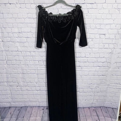 Adrianna Papell Womens Velvet Off the Shoulder Scalloped Edge Jumpsuit Black 2 - Image 1 of 4