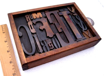 Antique/vintage letterpress in a stained box w/ square metal stand. - Image 1 of 4
