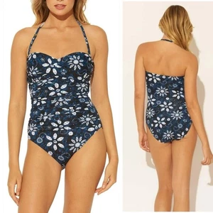 Bleu Rod BeattieTake-a-Dip Shirred Bandeau one Piece Swimsuit Floral navy size 8 - Picture 1 of 11