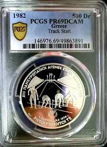 PCGS PR69   Greece 1982 Track Start Silver 500 Drachmai Almost Perfect Proof - Picture 1 of 2