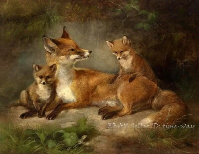 Fox Family Animals Oil painting Wall art Giclee Printed on Canvas P2318 - Image 1 of 4