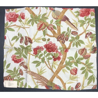 Lee Jofa Fabric CEYLON Off White Linen Birds Red Floral New Remnant 23" x 27" - Image 1 of 4