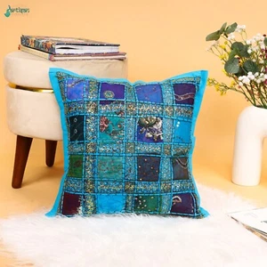 16" Turquoise Khambadiya Sequins Patchwork Cushion Cover, Geometrical 40 cm - Picture 1 of 5