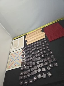 97 Wood Letters Scrabble Tiles Scorepad Stands Burgundy White Bag - Picture 1 of 11