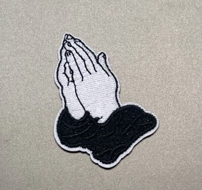 Praying Hands Black & White Religious Embroidered Iron On Patch 2.5x1.75 Inch - Image 1 of 4