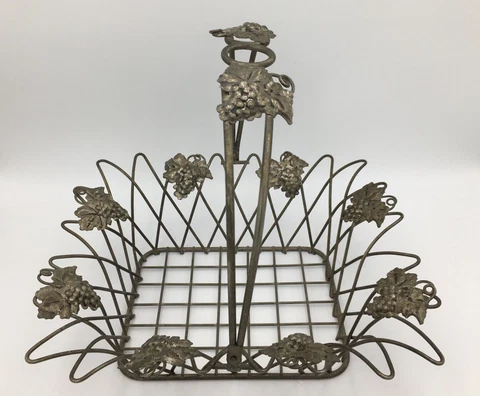Unbranded Silver Tone Fruit Bread Bridal Basket Grape Vine Swing Handle 10.5" T Cover