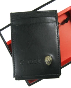 GUESS Men's Magnetic Money Clip Wallet Metal Lion Emblem Black - Picture 1 of 7