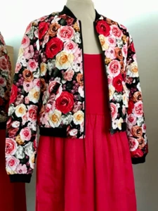 Floral BOMBER JACKET size 10 POCKETS Zip front QUILTED Red/black/pink/lemon - Picture 1 of 14