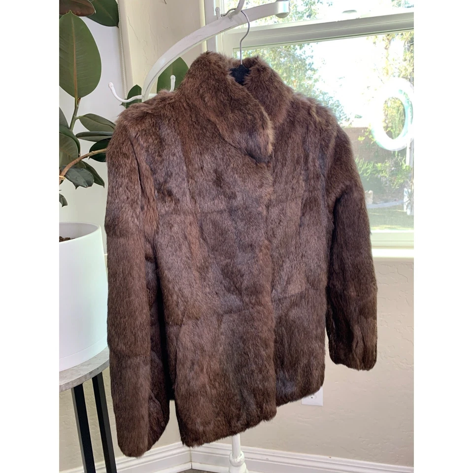 Genuine Vintage Rabbit Fur Brown Size S 6 Stand Collar Satin Lined Pockets 7019 - Image 1 of 4